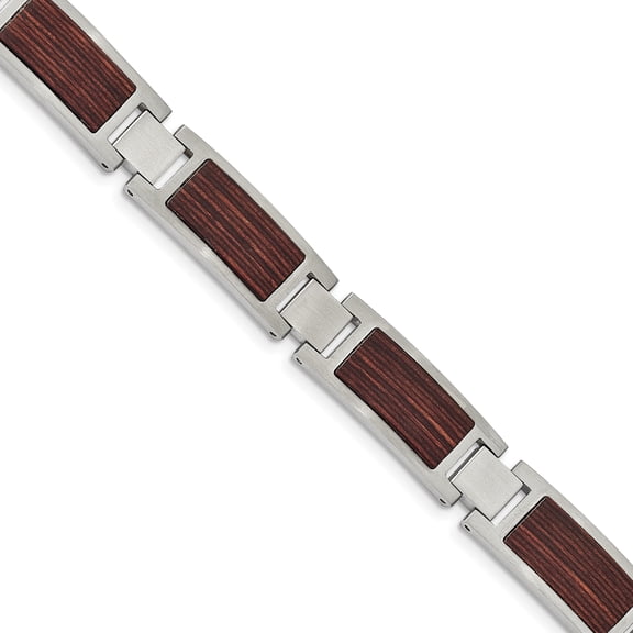 Stainless Steel with Wood Inlay Men's 8.75in Link Bracelet