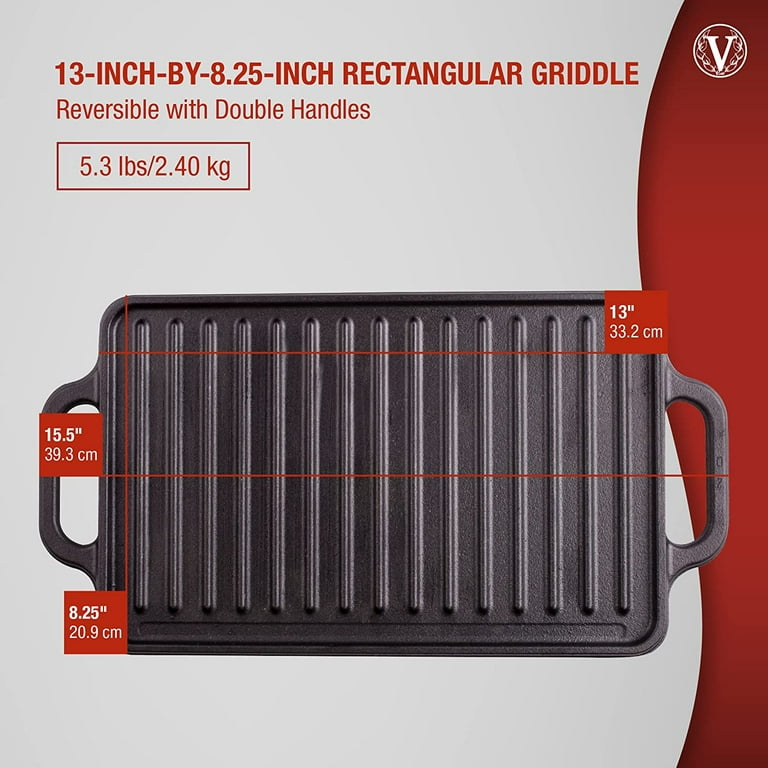 VEVOR Reversible Grill/Griddle, 9.7x16.7 Pre-Seasoned Cast Iron Griddle,  Rectangular Double Burner Griddle Pan, Non-Stick Family Pan Cookware with  Handles, Flat Top Plate for BBQ, Gas Grill, Black