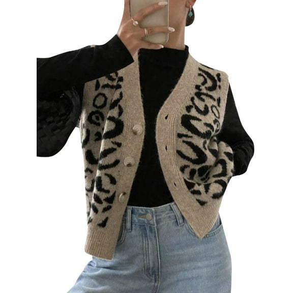 Women'S Leopard Button Up Sweater Vest Cheetah Print Sleeveless Office Knit Trendy Vests Top Khaki M