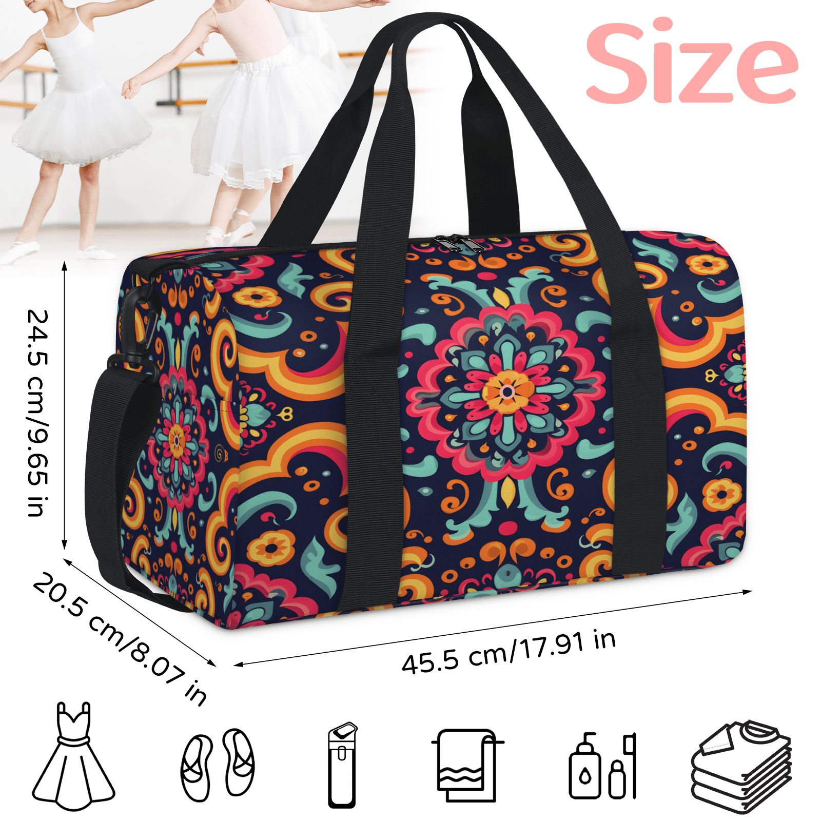 Herdesigns Mexico Floral Gym Bag for Women, Duffle Bag for Travel Sport, Colorful Flower Lightweight Waterproof Carry on Weekender Dance Yoga Workout Bags