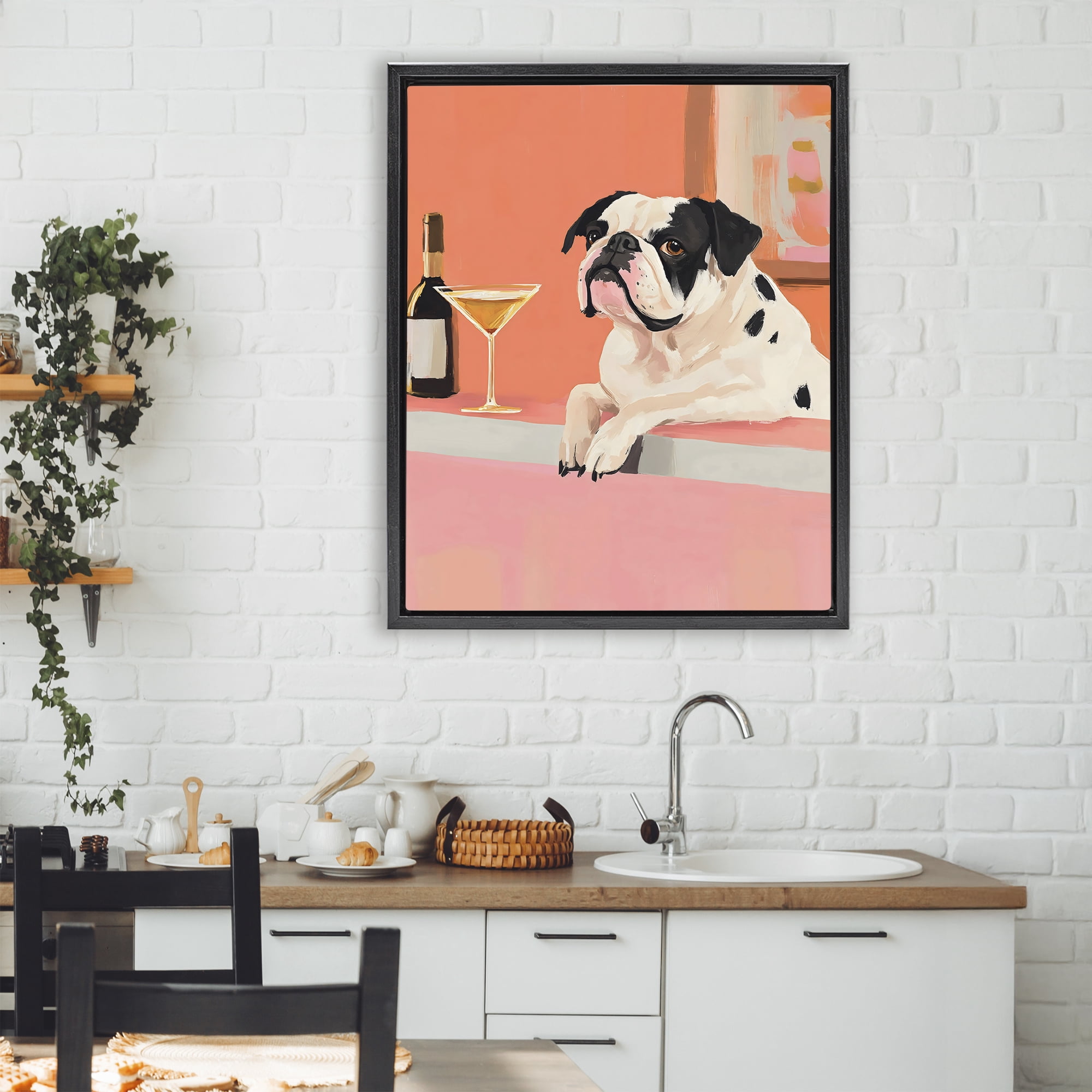 Stupell Industries Bulldog at Martini Lounge Black Framed Floater Canvas Wall Art, design by The Prints Vibe