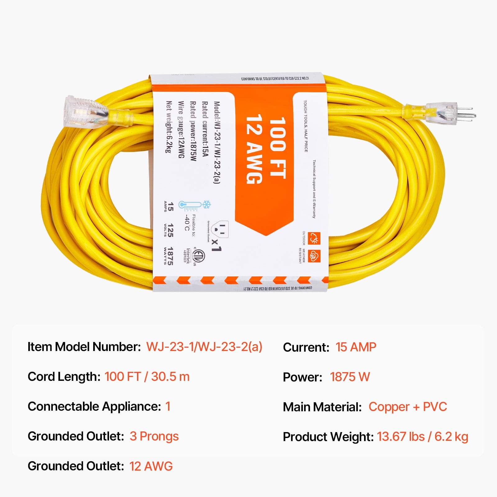 KFFKFF 100FT Robust Extension Cable, 12AWG 15Amps 1875W, Triple Plug Indoor Outdoor Electrical Wire with Illuminated Tip, Bendable & -40°C Cold-Tolerant for Yard, Carport, Household Use,ETL Certified