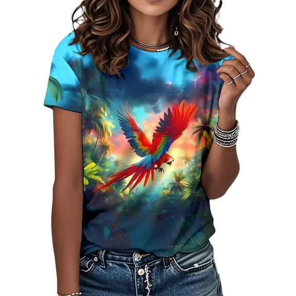 Ankishi Parrot Tshirts for Women Floral Bird Print Summer Short Sleeve Crew Neck Tee Shirts Casual Tops for Vacation