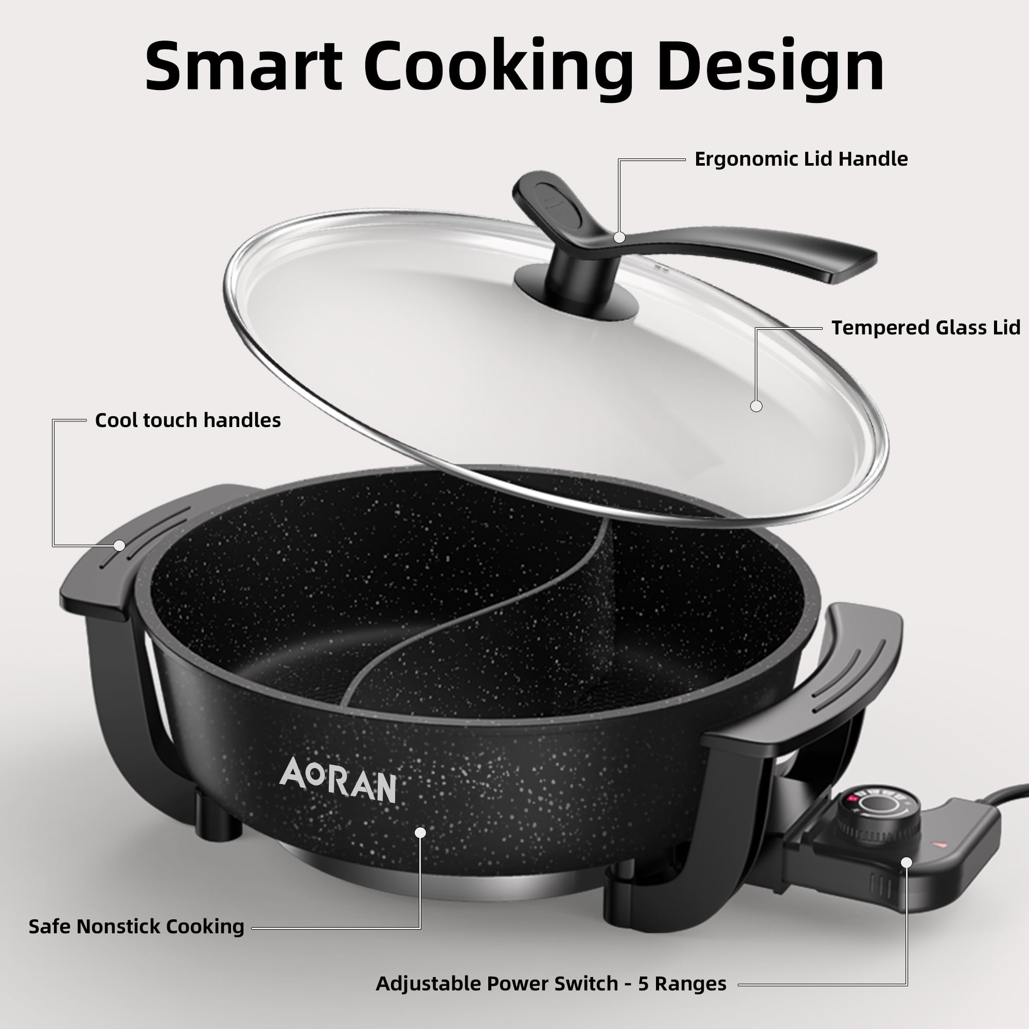 AORAN Electric Hot Pot, 6L Electric Skillet, Non-Stick Smokeless Cooking Pot with Divider Fondue, Shabu-Shabu with Tempered Glass lid for 2-6 People