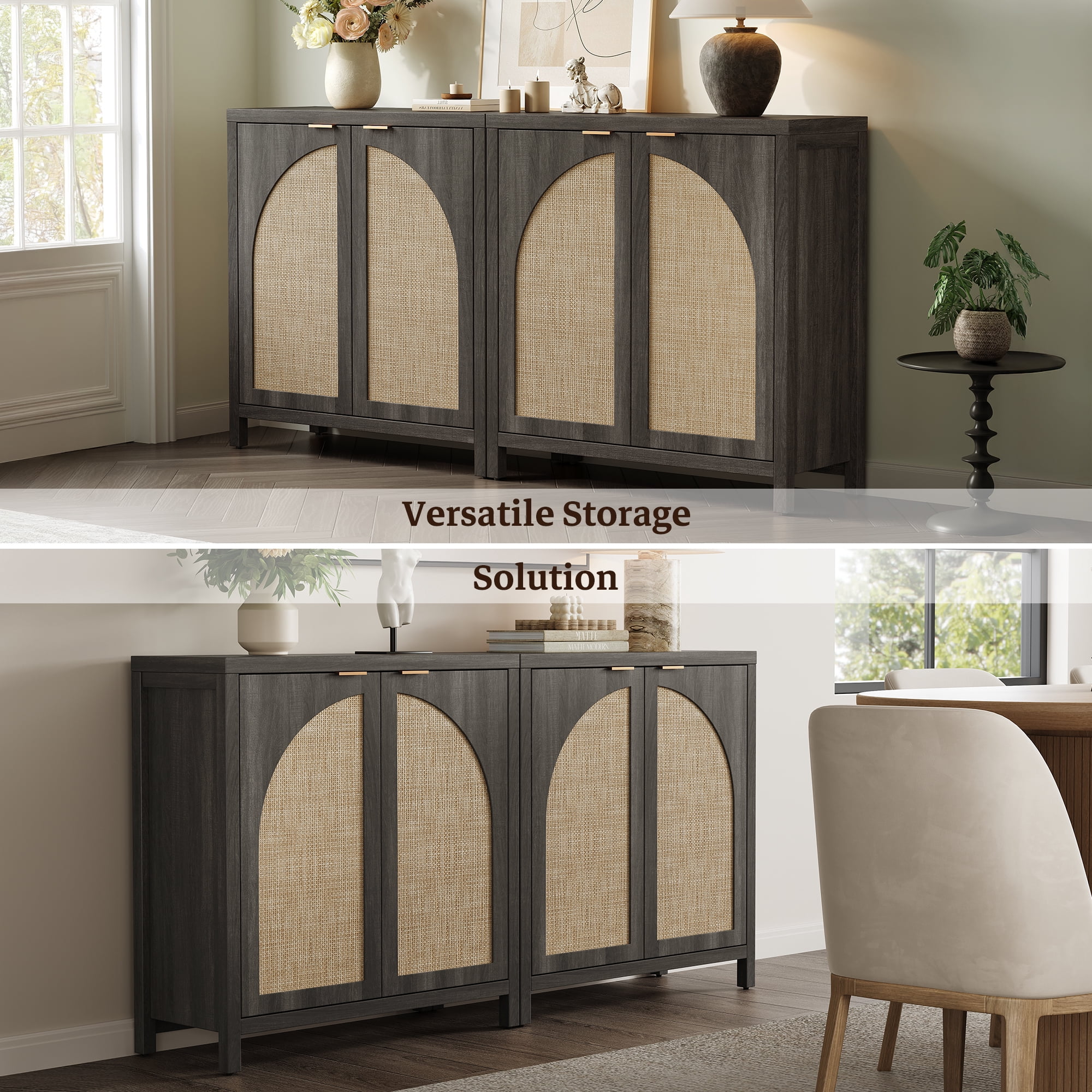 SICOTAS 34.2 Inch Wide Kitchen Pantry Cabinet Set of 2 with 2 Arch Rattan Doors, Adjustable Shelves, for Kitchen Storage, Freestanding Organizer Sideboard in Black Oak