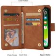 thumbnail image 4 of Funda tipo billetera marrón compatible con iPhone 13 (6,1 pulgadas), billetera de cuero PU premium con cremallera y solapa tipo folio, bloqueo RFID con correa para la muñeca, cierre magnético., 4 of 4