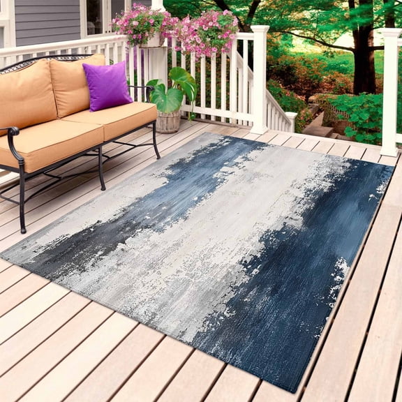 Navy Blue Grey Outdoor Rug for Patio/Deck/Porch, Non-Slip Large Area Rug 6 x 9 Ft, Modern Abstract Art Retro Indoor Outdoor Rugs Washable Area Rugs, Reversible Camping Rug Carpet Runner
