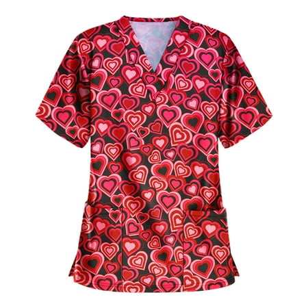 

Valentines Day Gifts for Her UHEOUN Womens Tops Valentines Scrubs for Women Valentine s Day Short Sleeve V-neck Tops Working Uniform Blouse with Pocketss End of Year Clearance