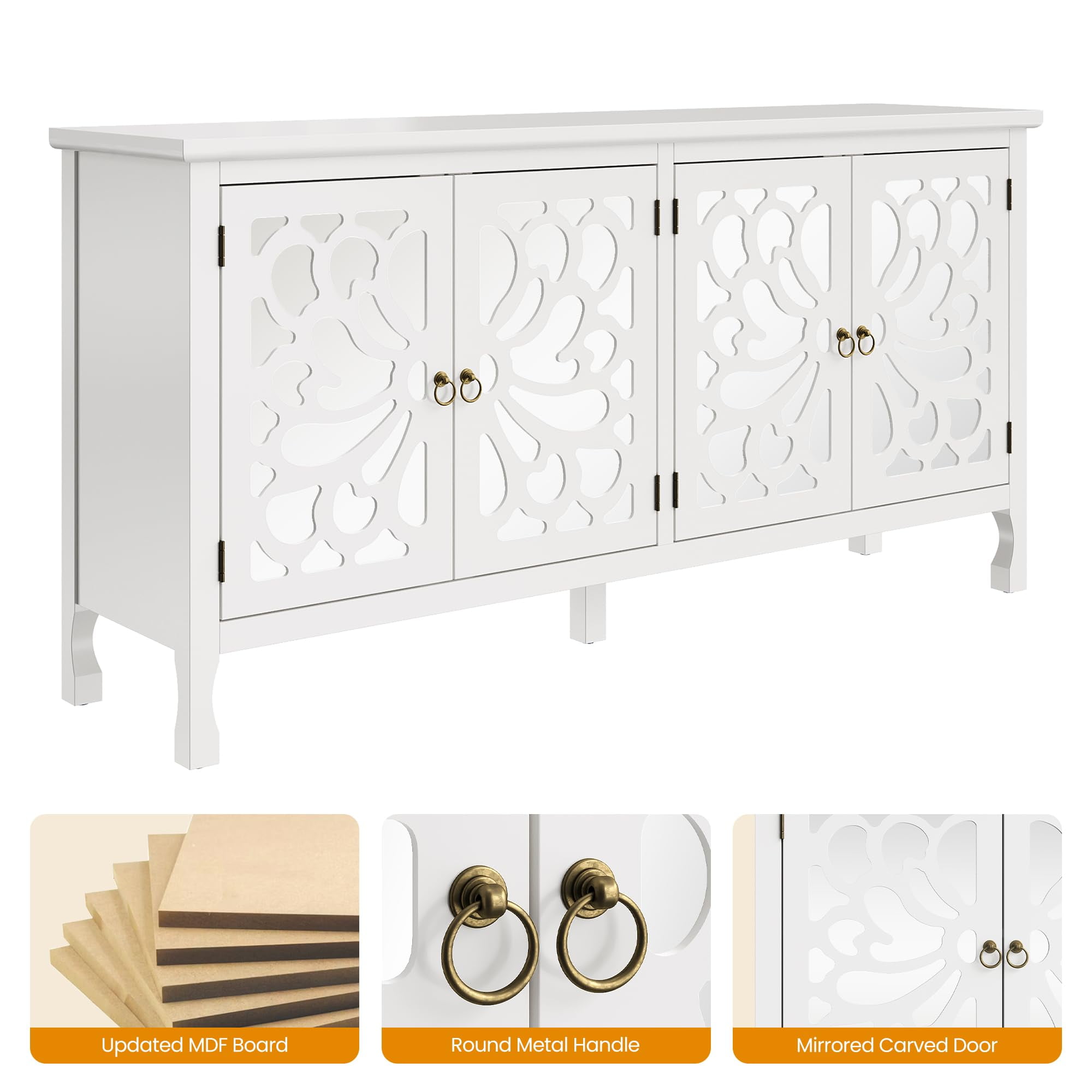 CozyHome 63" Carved Buffet Cabinet with Mirrored Door, Modern Console Cabinet with Storage and Adjustable Shelves, Wood Media Cabinet for Entryway, Living Room, Bedroom, Dining Room, Bathroom (White)
