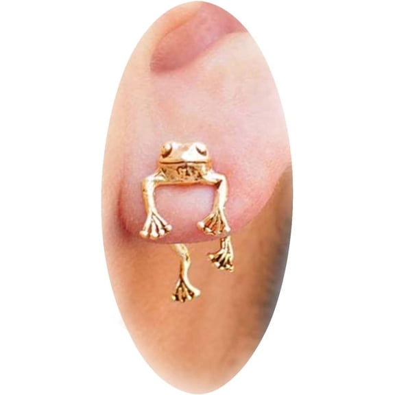 Gold 3D Frog Stainless Steel Stud Earrings for Women - Cute Animal Hypoallergenic Pierced Earrings