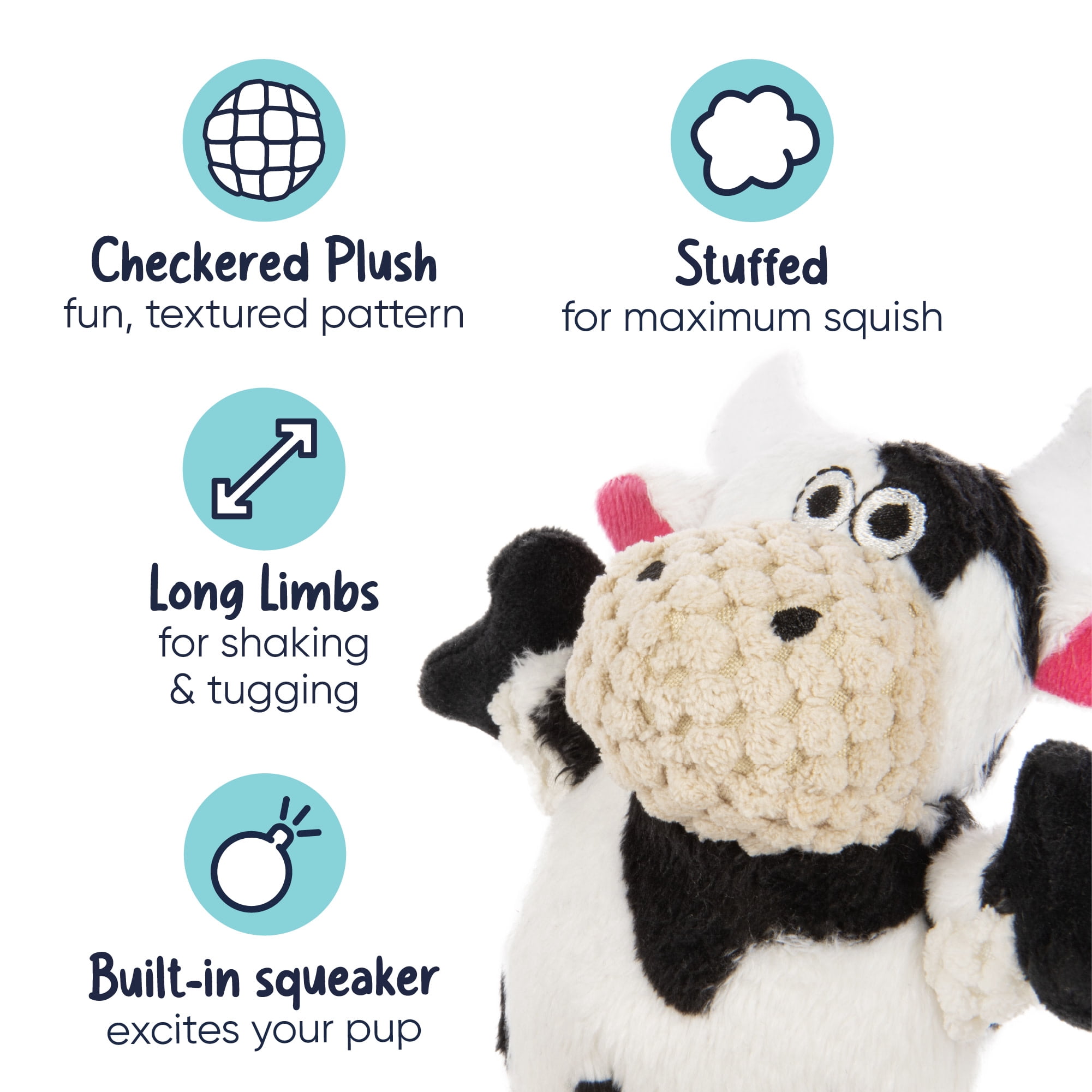 goDog Checkers Skinny Cow Squeaky Plush Dog Toy With Chew Guard Technology, Mini