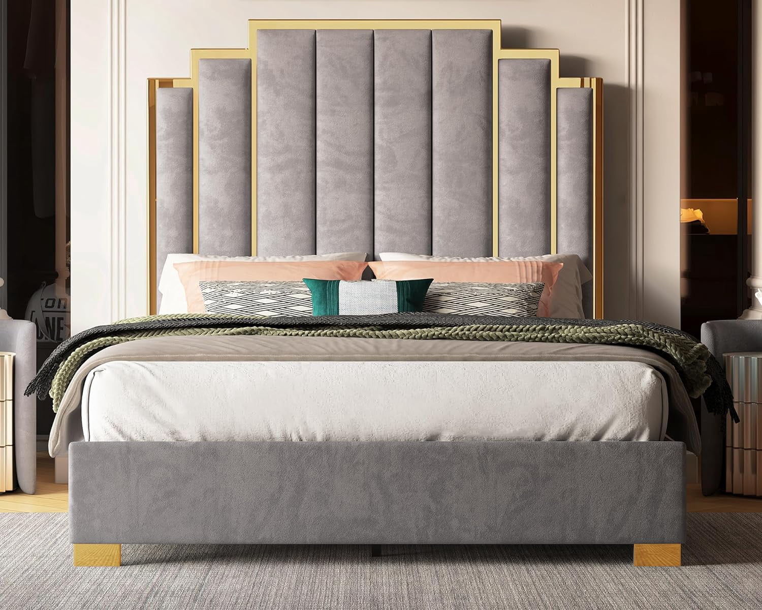 VanAcc Queen Size Platform Bed Frame, 61.4" Velvet Upholstered Bed: with Gold Trim Headboard/Wooden Slats/No Box Spring Needed/Grey