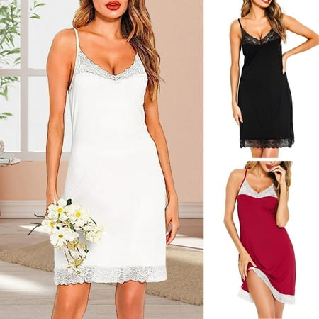tasrioml Women s Lace Nightgown Spaghetti Strap V-neck Chemise Sleepwear Full Slip Babydoll Sleep Dress Summer Soft Nightwear
