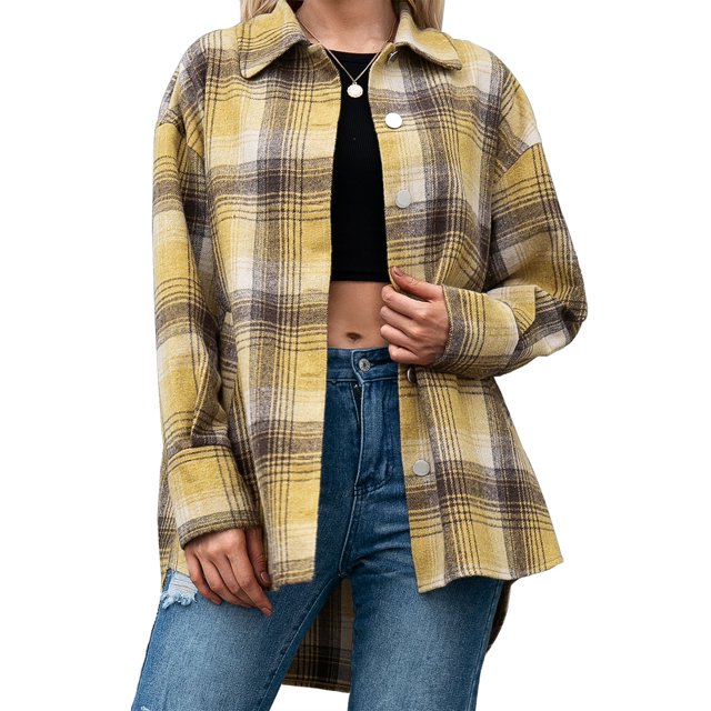 Camisa a cuadros gruesa para mujer con bolsillos con botones y cuello vuelto Chaquetas casuales sueltas Irfora Amarillo/Medio