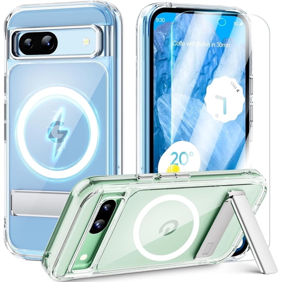 for Google Pixel 8A Case with Screen Protector【Built in Metal Kickstand】【N52 Strong 】 Ultra Clear Hard Back【Anti Yellowing】 Magsafe Support Pixel 8a Phone Case for Pixel 8a