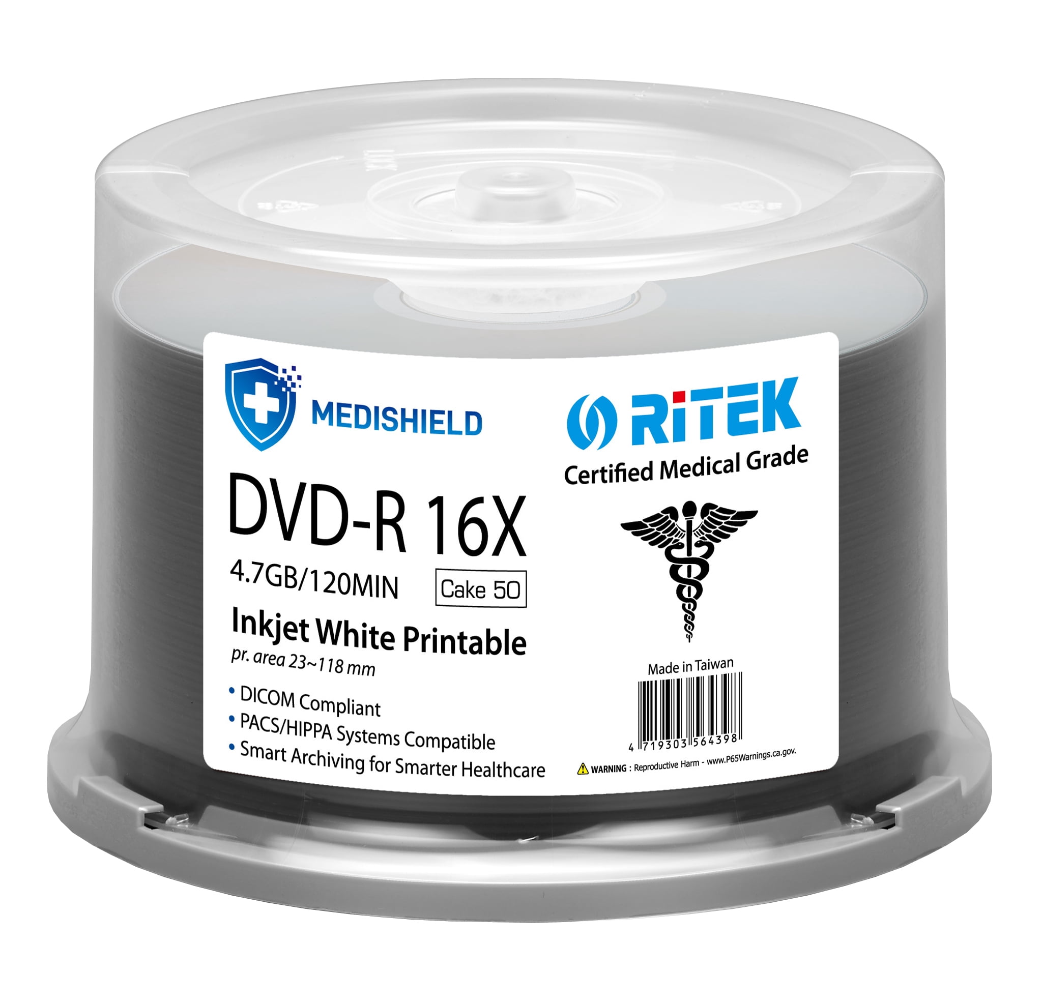 50 Pack Ritek Medishield Medical Grade DVD-R 16X 4.7GB/120Min DICOM Compliant / PACS/Hippa Systems Compatible / Smart Archiving for Smarter Healthcare White Inkjet Hub Printable Blank Recordable Disc