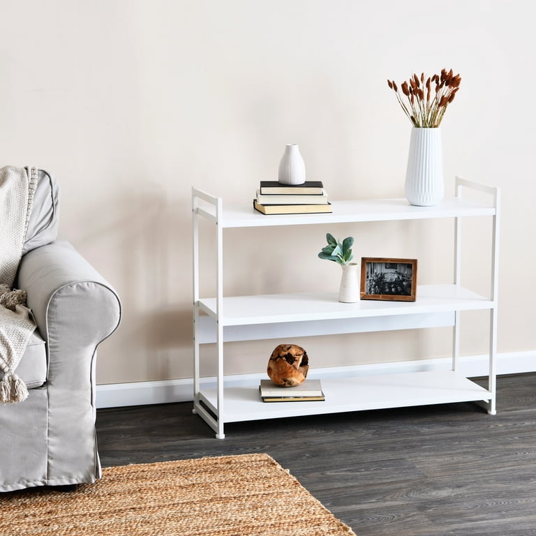 Household Essentials 3 Tier Low Profile Wide Bookshelf, White Wood