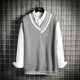 thumbnail image 2 of Ropa de hombre Chaleco verde Suéter de punto retro japonés Chaleco de retazos sin mangas con cuello en V para hombre Ropa de otoño coreana para la calle A, 2 of 4