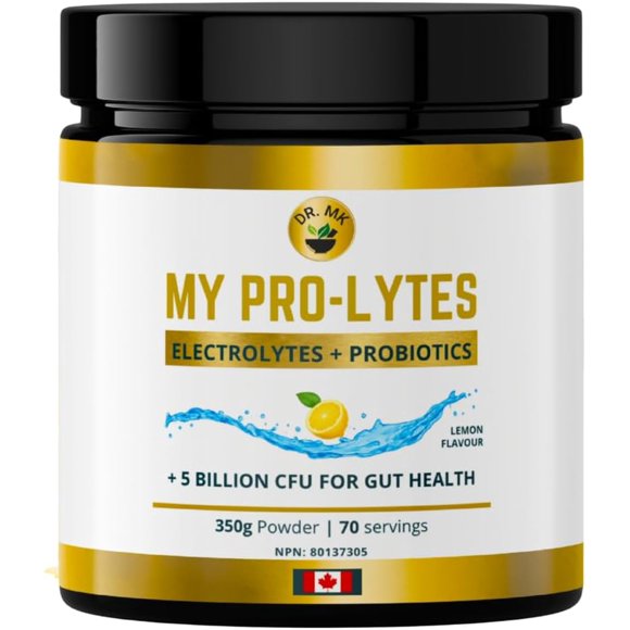 My Pro-Lytes by Dr. MK- Electrolytes + Probiotics Powder | Lemon Flavour | 5 Billion CFU for Gut Health, Hydration & Muscle Support | 350g (70 Servings) Made in Canada