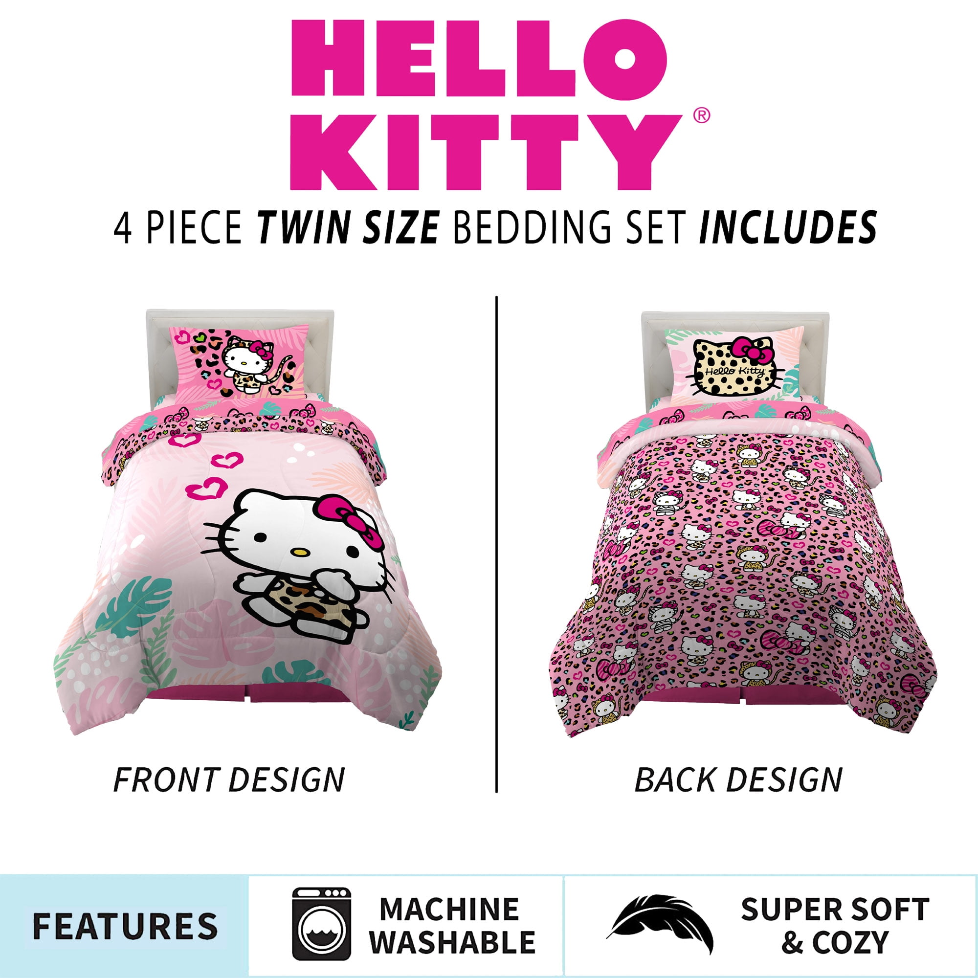 Hello Kitty Kids 4 Piece Pink Reversible Comforter, Bed in a Bag, Twin