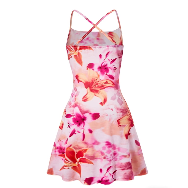 XEGLSBU Floral Print Strappy for Girls Slim Fit Short Dress with Flowy Design (Hot Pink Size 12-13 Years)