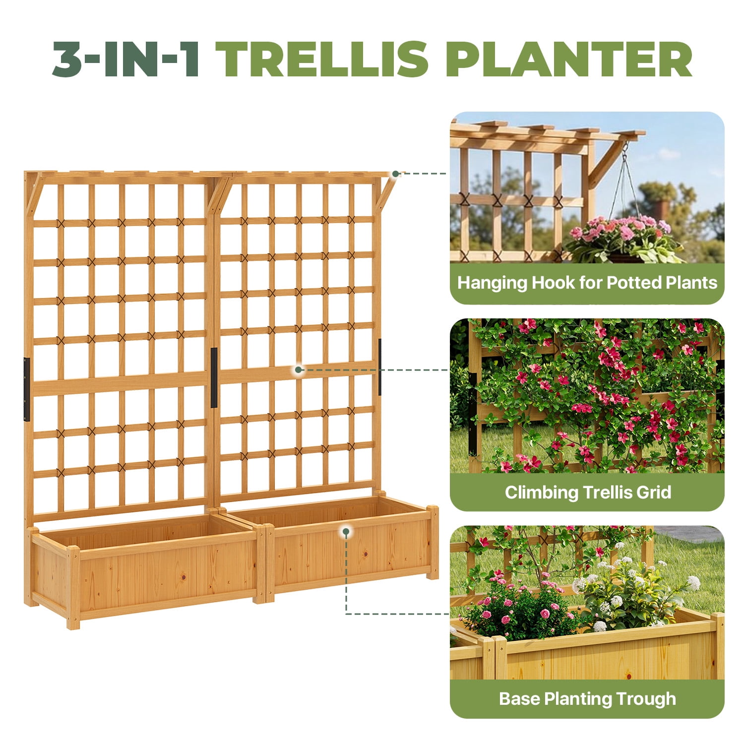 BaPiPro Yellow-Brown Tall Wood Planter Box with Trellis - 36" Raised Garden Bed with Hanging Roof, Outdoor Elevated Planter for Climbing Plants, Flowers - 2-Pack for Patio, Balcony