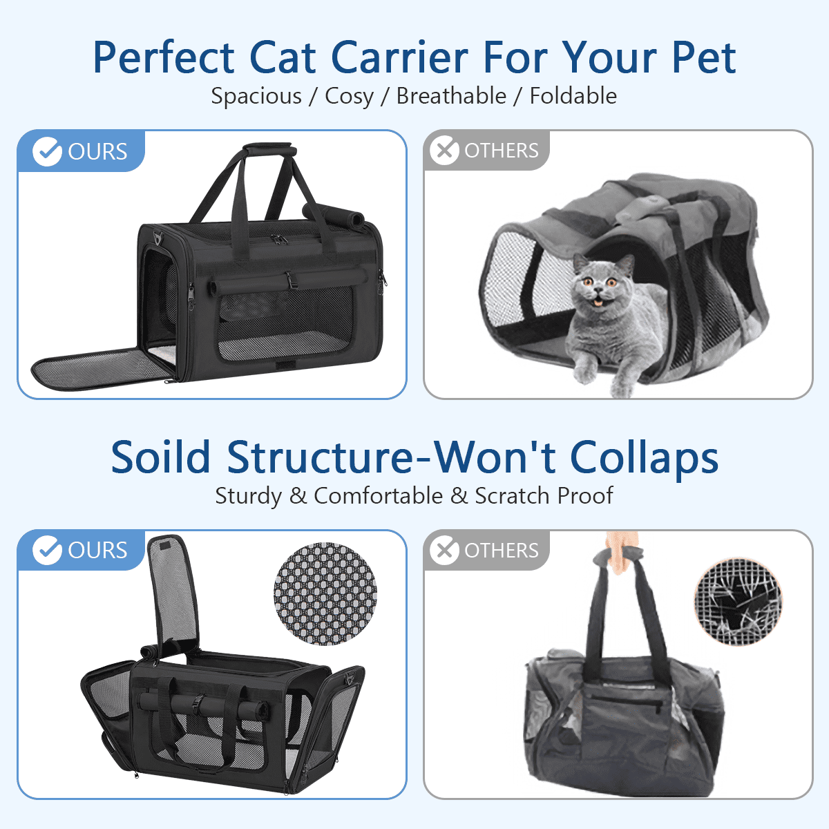 CshidWorld Collapsible Cat Carrier Pet Carrier for Large Cats (up to 25lbs), TSA Airline Approved Cats Carrier Soft Sided, Small Dog Travel Bag with a Bowl/Safety Leash-Black