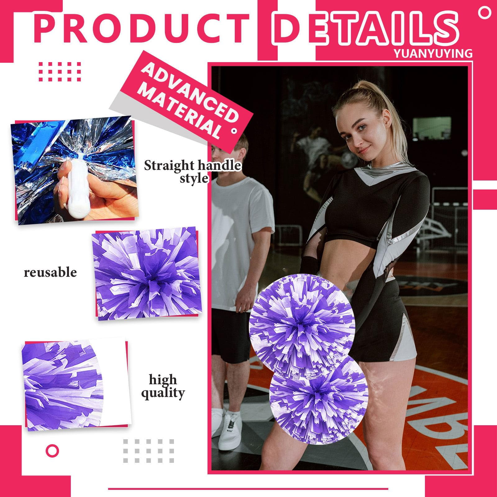 10 Pcs Cheerleading Pom Poms, Cheerleader Pompoms with Straight Handle Style,Fit for Team Spirit Sports Dance Cheering