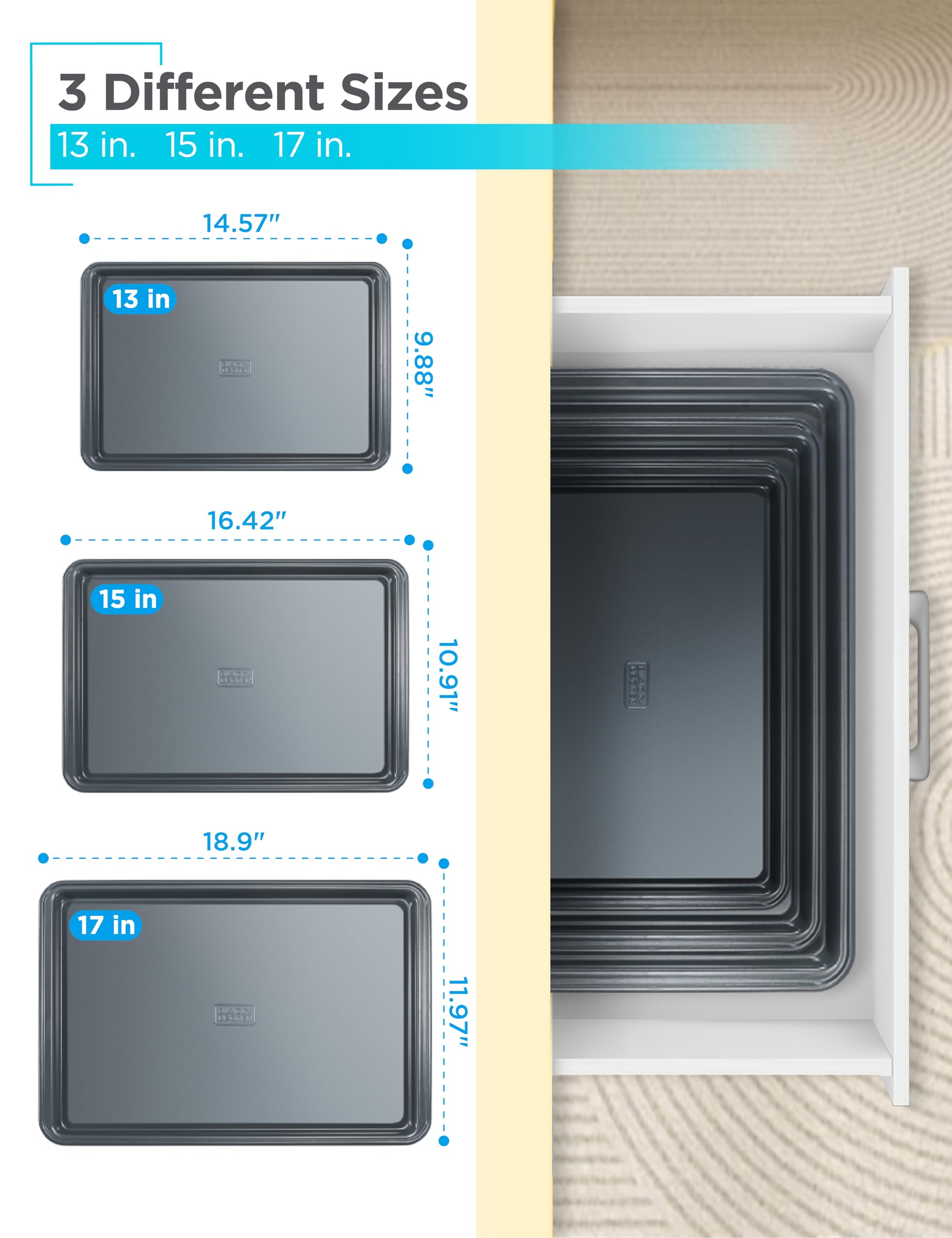 BLACK+DECKER 3-Piece Carbon Steel Baking Sheet Set, Includes 13”, 15”, 17” Cookie Sheets for Baking, 0.4mm Carbon Steel Baking Pans Set with Ceramic Non-Stick Coating, Black Finish