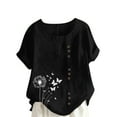 thumbnail image 2 of Jjayotai Oversized Crew Neck Linen Tops for Women, Dandelion Butterfly Printed Short Sleeve Cotton Blend Tee Shirts, Womens Summer Tops Plus Size Black^ L, 2 of 4