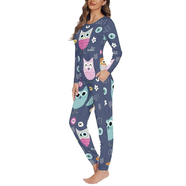Renewold Winter Pajamas for Women Cartoon Owls Pajamas Tops and Pants Soft  Thermal Sweatpants Home Life T-Shirt Size L