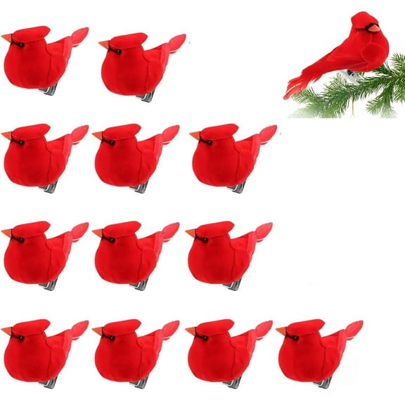GoXteam 12 Pcs Cardinal Birds for Crafts, Mini Cardinal Clip On Christmas Tree Ornaments Artificial Red Birds Decorations for Wreaths Centerpieces DIY Crafts