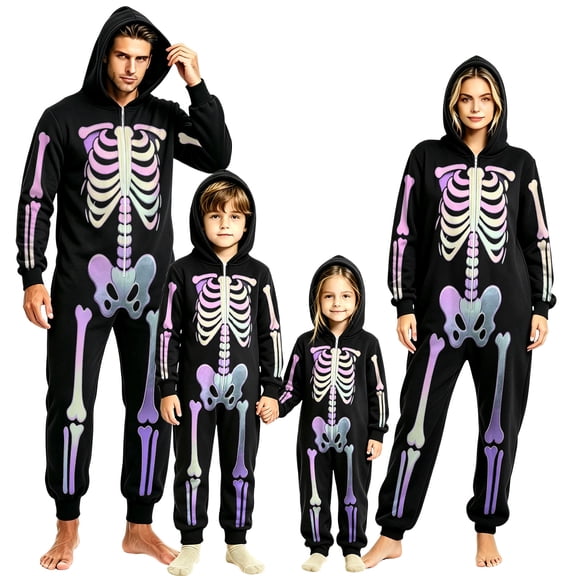 Grblisyd Matching Family Halloween Pajamas Funny Skeleton Print Onesie Loungewear with Hood for Mom Dad and Kids