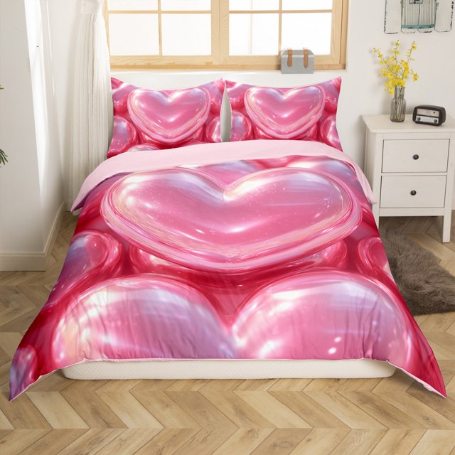 Erosebridal Housse de Couette Imprimée 3D Cœur d'Amour, Literie Rose Rêveuse, Réversible 2 Pcs (Sans Couette)