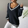 thumbnail image 3 of Yzengfg Ladies' College Style Color Block V Neck Sweater Relaxed Fit For Casual Wear Navy, 3 of 5