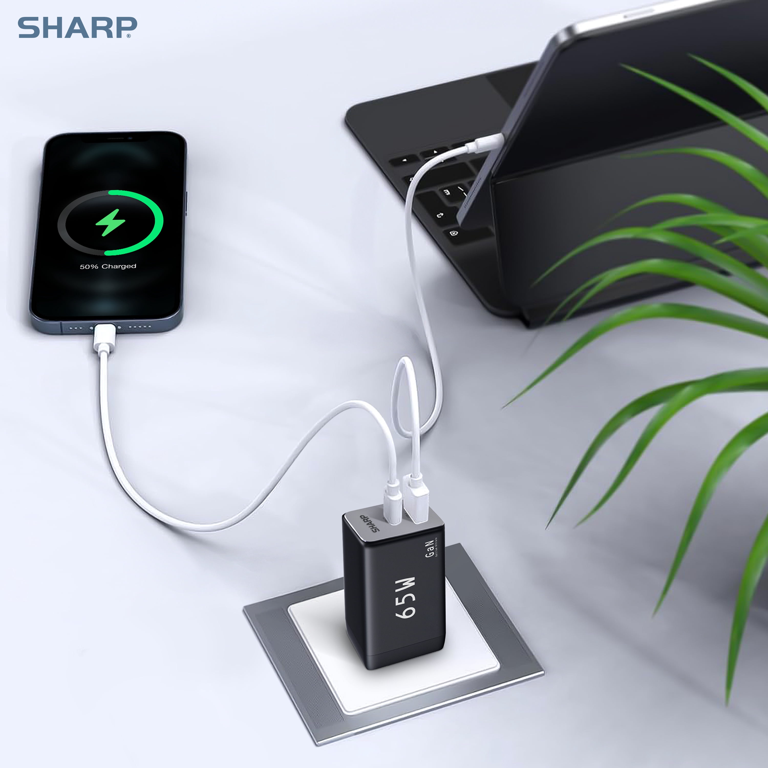 Sharp USB C Charger, 65W, 2 Port (USB A+C), Compact Foldable GaN Fast Charge for MacBook Pro/Air, iPad Pro, Galaxy S23, Dell XPS 13, Note 20/10+, iPhone 15/Pro, and More - Black, G451A1CU-WHT