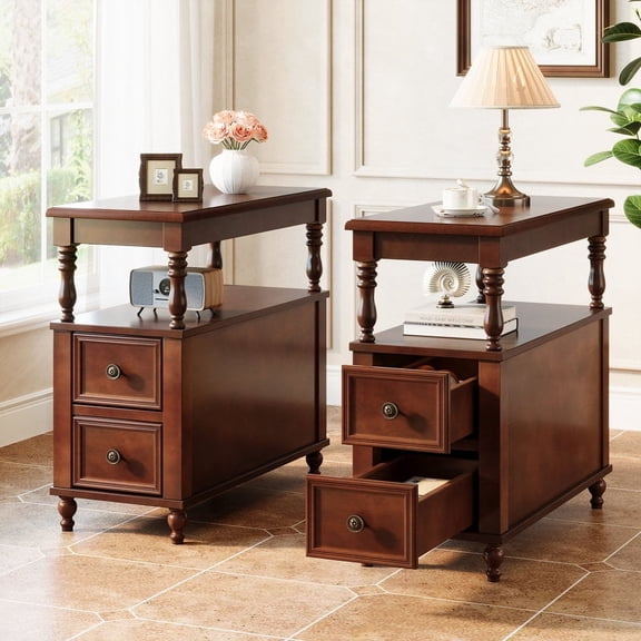 Tribesigns 2 Drawers Wooden End Table Set of 2 with Storage Shelf for Living Room (2pcs)