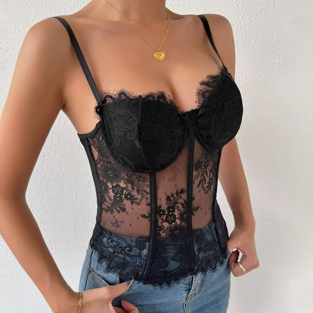 Puntoco Blusas sin mangas para mujer, blusa de encaje sexy con escote en V y sin mangas, informal, a la moda, para mujer