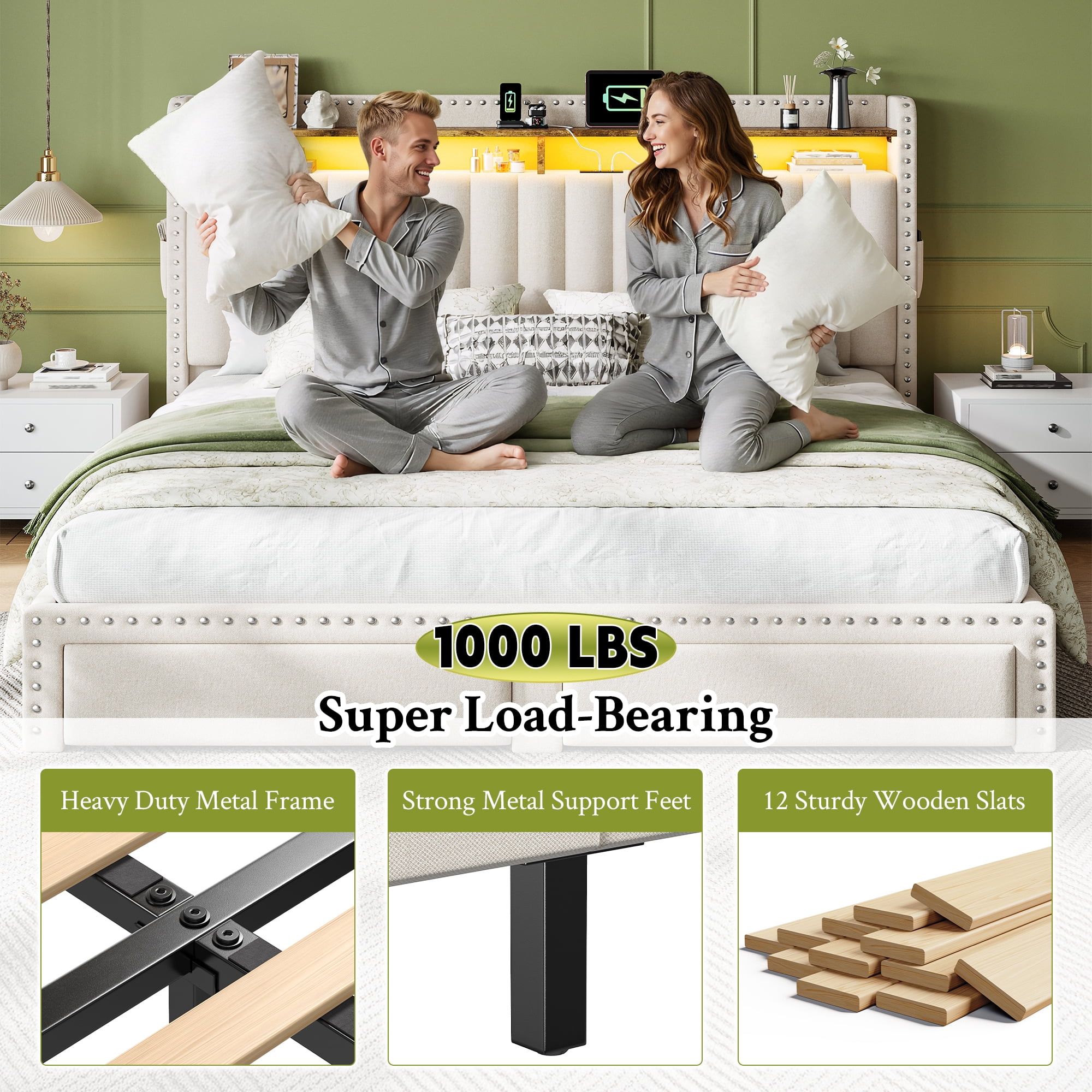 King Size Bed Frame with 2 Storage Drawers Upholstered Bed Frame with 2-Tier Storage Headboard & Charge Station & LED Light,Beige