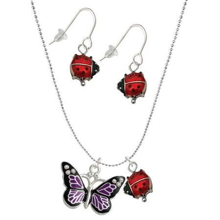 Delight Jewelry Silvertone Large Purple Butterfly with 6 AB Crystals Red Lucky Ladybug Necklace and Dangle Earrings Set