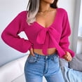 thumbnail image 4 of Women Long Sleeve Crop Front Bowknot Ribbed Knit Pullover Sweaters Fall Winter V Neck Crop Tops Pullover Rose Red M, 4 of 8