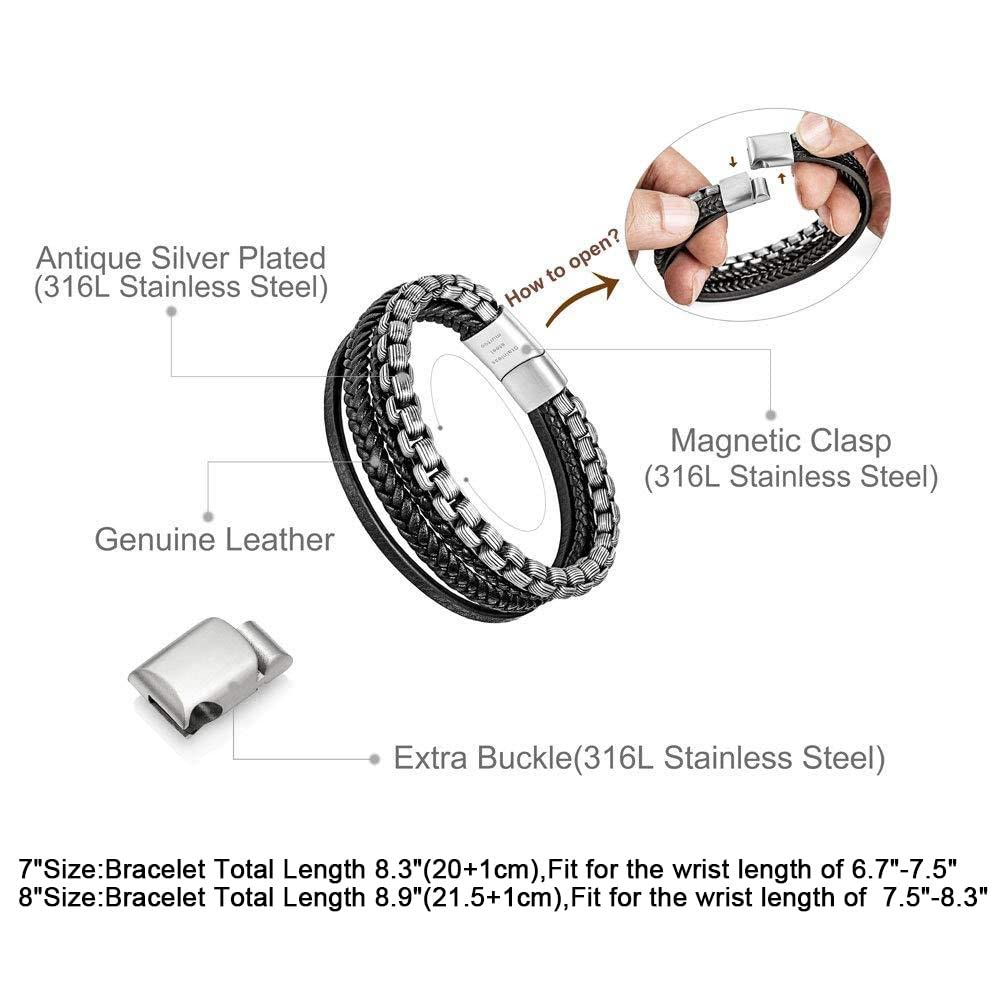 murtoo Mens Bracelet Leather and Steel, Stainless Steel Chain and Leather Bracelets for Men, Wristband Gift for Husband Boyfriend Father