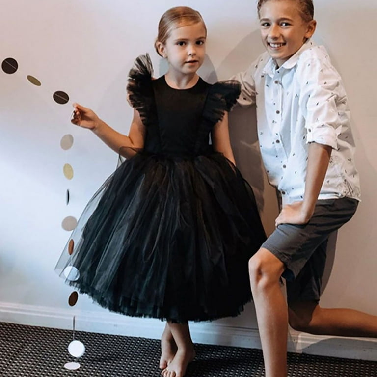 Otqutp Toddler Girls Formal Dress Kids Baby Girl Ruffle Pageant Party Wedding Tulle Dress Girl Short Sleeve Princess Dresses 2-7 Years(Black,6-7 Years
