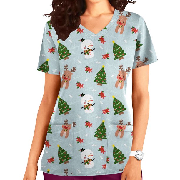 Fiudx Ofertas de La Semana Blusa de Manga Corta con Cuello En V para Mujer, Uniforme de Pascua con Bolsillos Impresos, Blusa de Enfermería