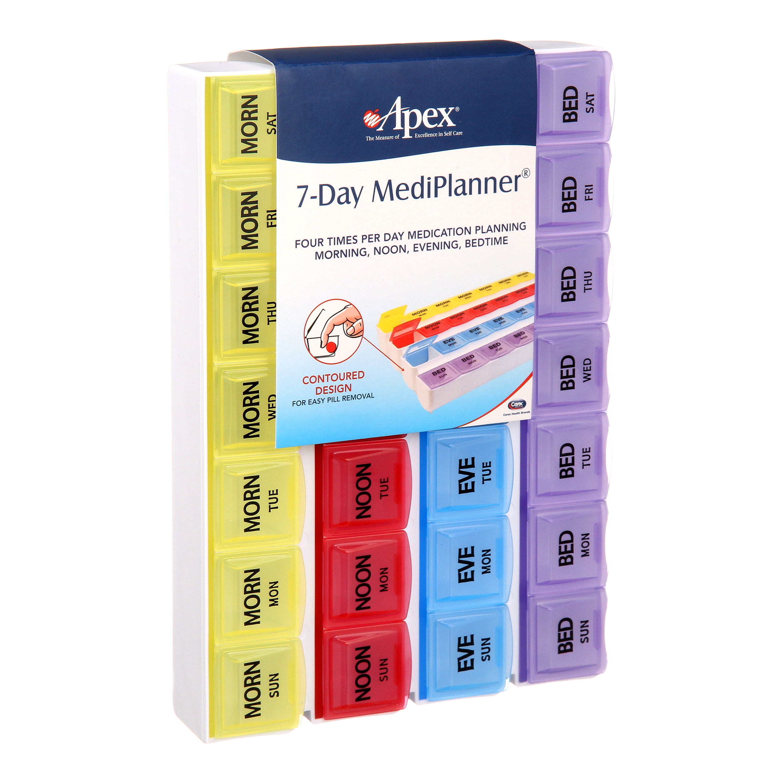Carex Four-a-Day 7-Day Pill Organizer, Medicine Box for Tablets and Vitamins, Travel-Friendly