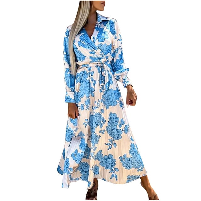 Pompotops Robe Chemise à Manches Longues avec Ceinture et Col à Revers pour Femmes