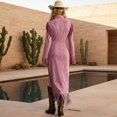 thumbnail image 6 of XAOFW Women's Casual Dresses Solid Color Long Sleeve Crewneck Bodycon Maxi Dress With Fringe Hem Evening Party Soft Comfortable Sundresses, 6 of 8