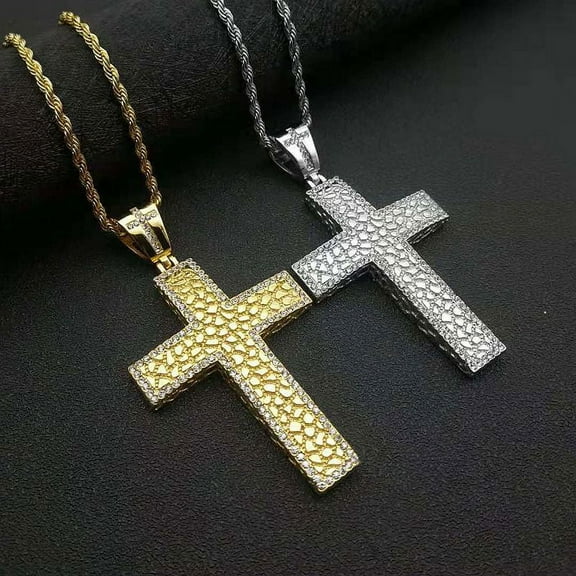Hip Hop Rhinestones Paved Bling Iced Out 14K Yellow Gold Bark Grain Cross Pendants Necklaces for Men Rapper Jewelry Gift