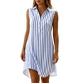 thumbnail image 5 of Ohufall Knee-Length Dress for Women Cotton Linen Turndown Collar Dress Stripe Breathable Summer Vacation Dress, 5 of 6