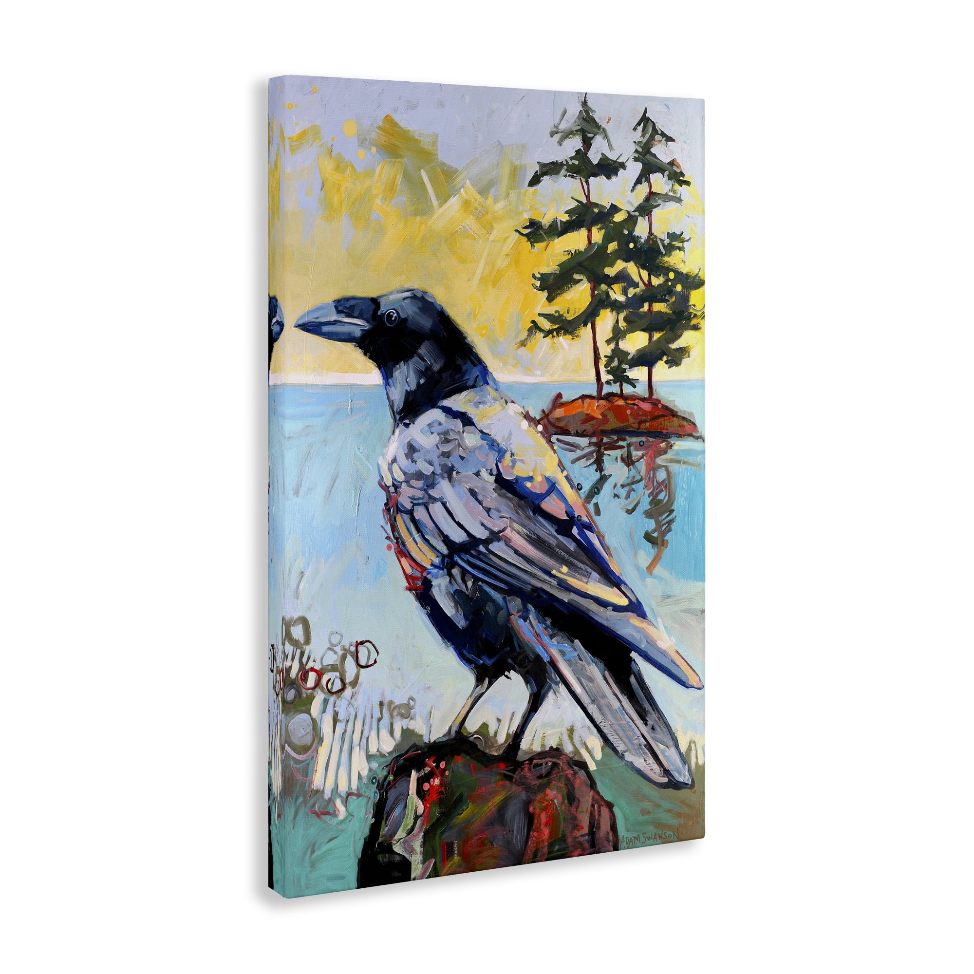 Stupell Industries Crow in Modern Landscape Birds Painting Wrapped Canvas Art Print Wall Art, 24 x 36